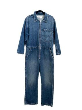 AMO Denim Long Sleeve Utility Jumpsuit Zipper Front
